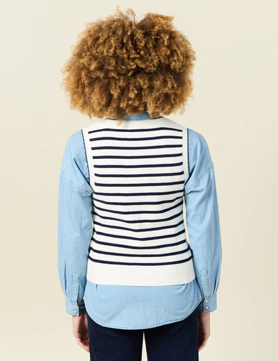 Pull sans manches col en V ecru femme