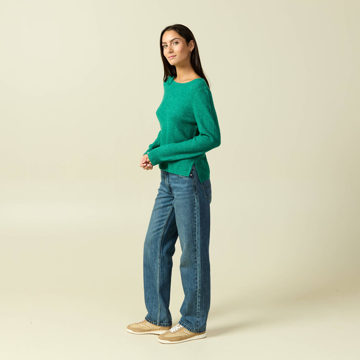 Pull col bateau manches longues vert femme