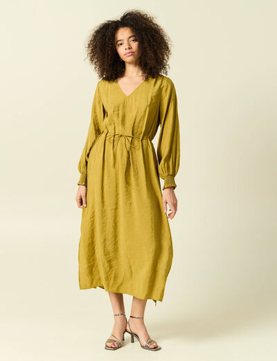 Robe longue droite col v manches longues vert olive femme