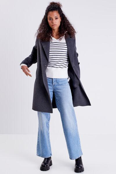 Manteau droit ample boutonné gris foncé femme