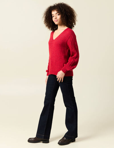 Pull ajouré col V manches longues rouge femme