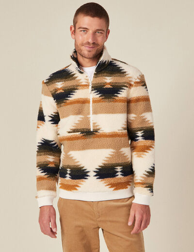 Sweat col camionneur zippé ecru homme