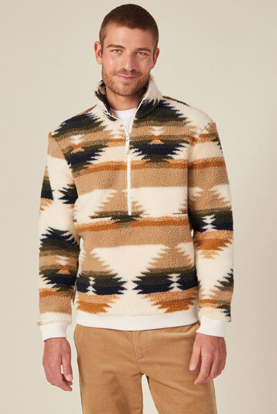 Sweat col camionneur zippé ecru homme