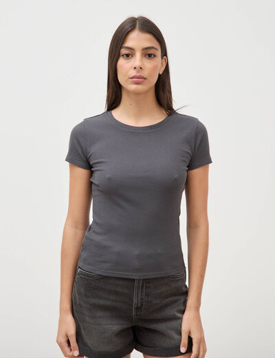 T-shirt cintr&eacute; col rond manches courtes gris femme