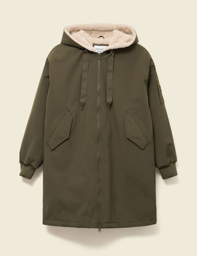 Parka oversize mi-longue &agrave; capuche vert kaki femme