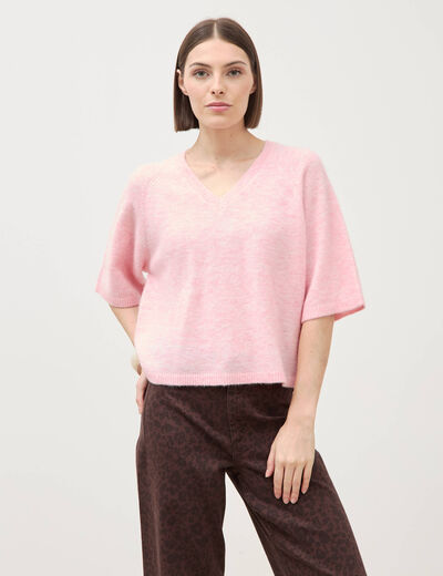 Pull droit court col v manches courtes rose clair femme