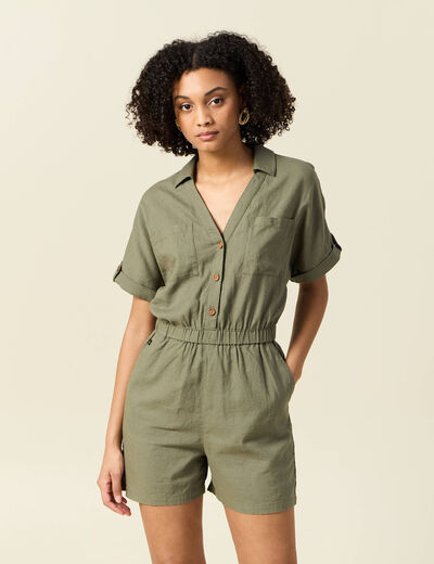 Combishort manches courtes vert kaki femme