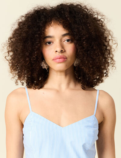 Robe évasée col V sans manches en coton bleu femme