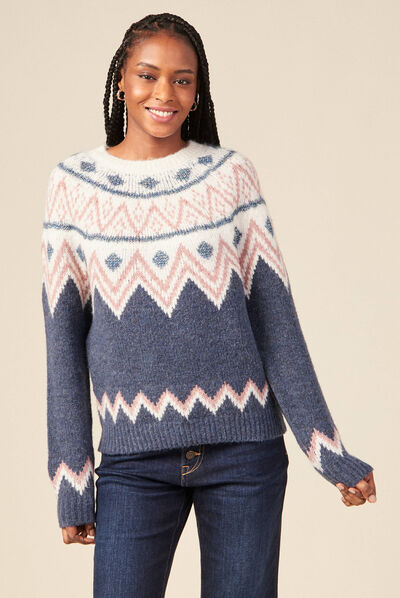 Pull manches longues col rond bleu canard femme