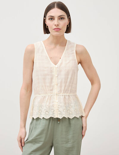 Top col v sans manches en coton creme femme