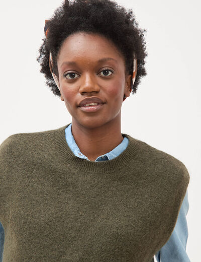 Pull droit court sans manches col rond vert olive femme