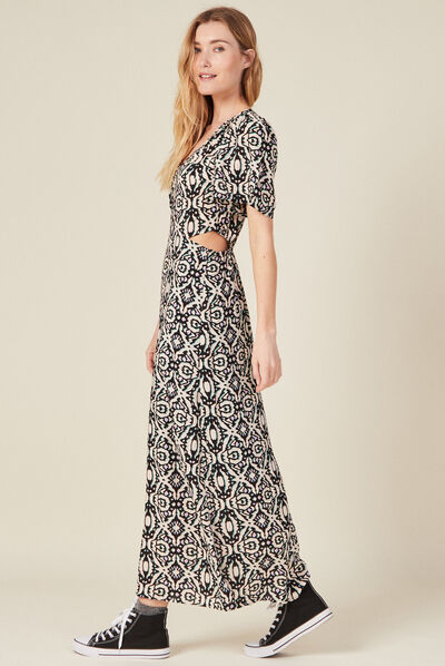 Robe longue droite ouvertures noir femme