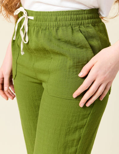Pantalon carotte fluide vert olive femme