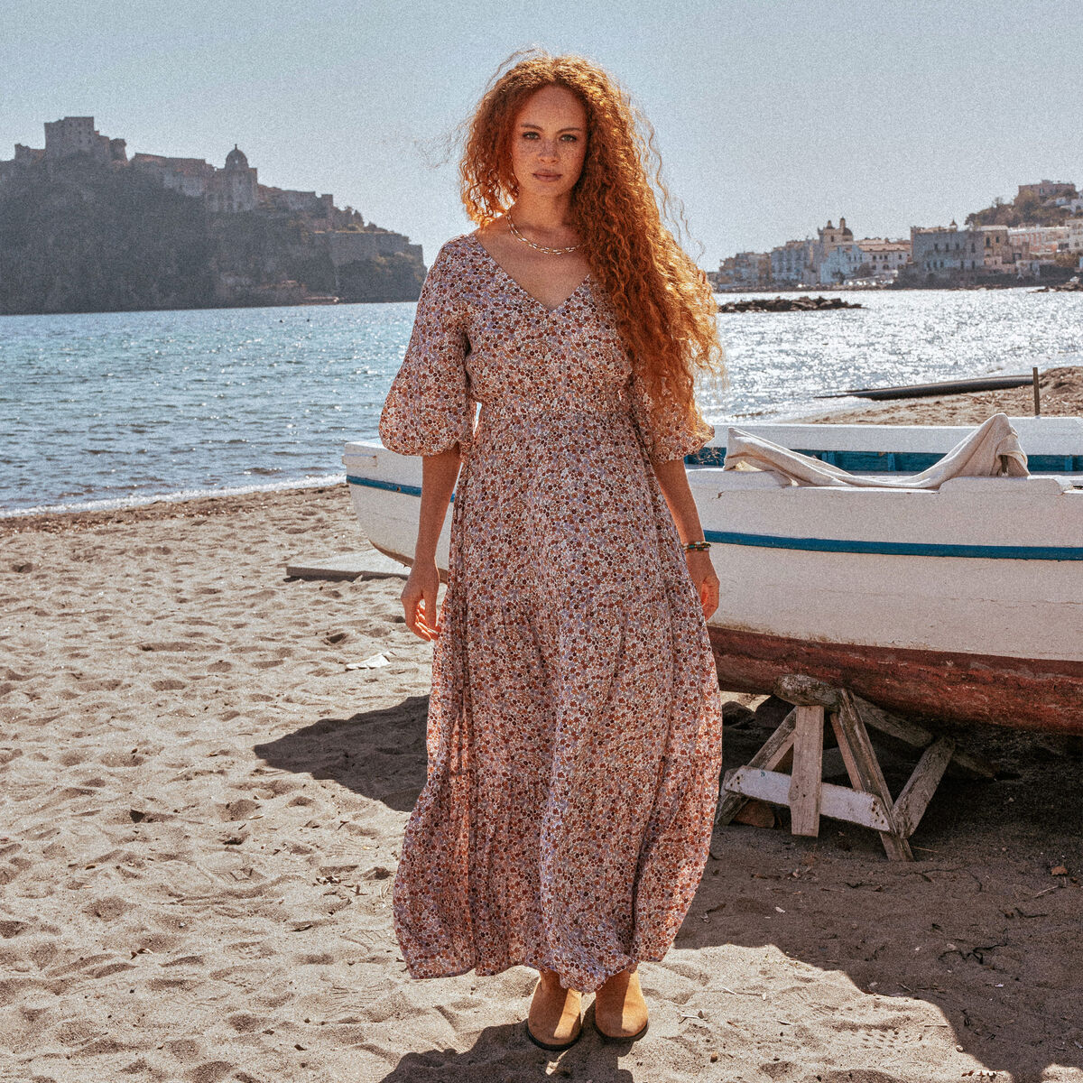 Robe longue évasée ivoire femme