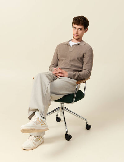 Pull droit col polo manches longues vert kaki homme