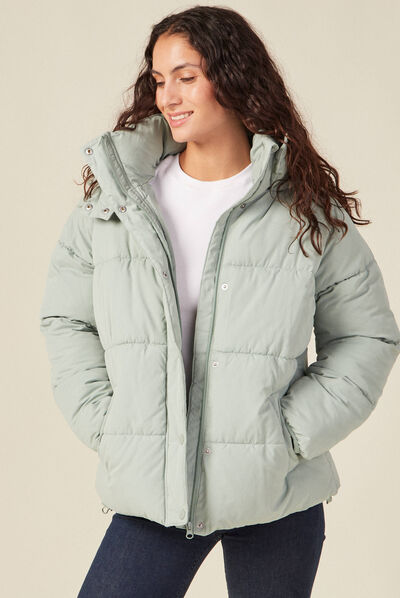 Doudoune droite à capuche vert olive femme