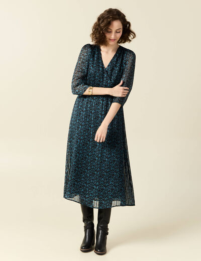 Robe longue évasée manches 3/4 bleu canard femme