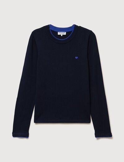 Pull fin col rond manches longues bleu fonc&eacute; femme