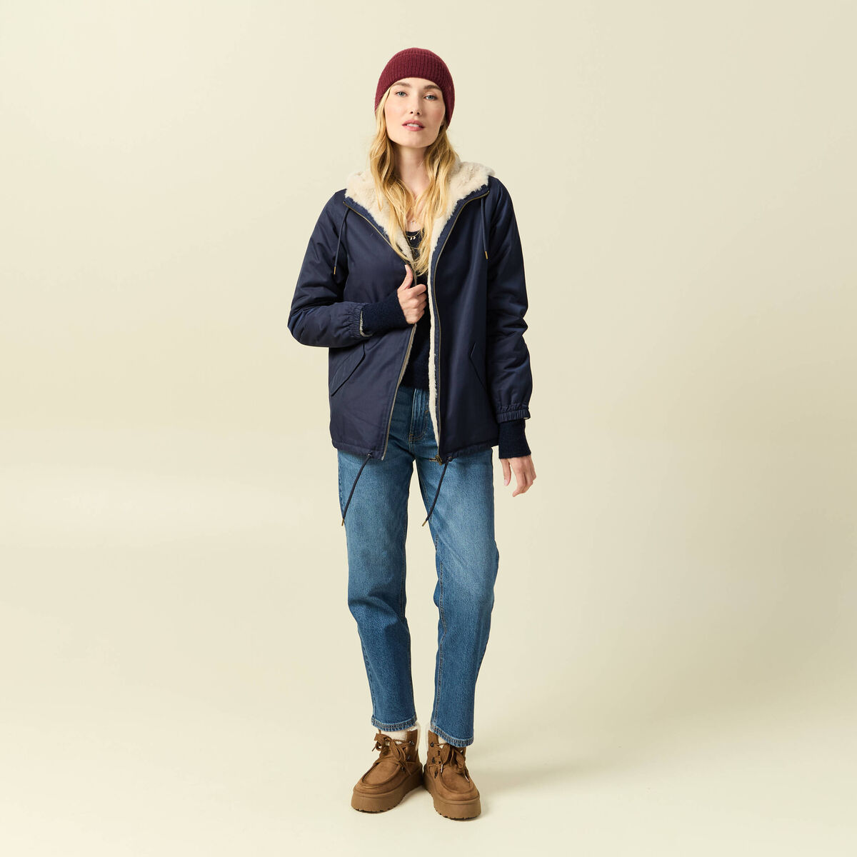 Parka r&eacute;versible bleu marine femme