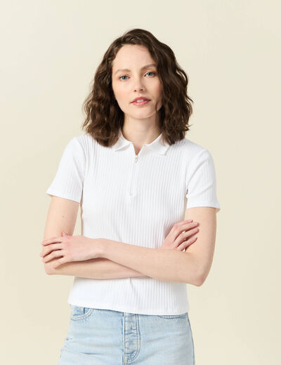 Polo zippé manches courtes blanc femme