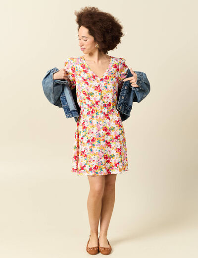 Robe fluide col v manches courtes rose framboise femme