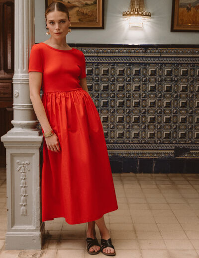 Robe longue bi-mati&egrave;re col rond rouge fonc&eacute; femme