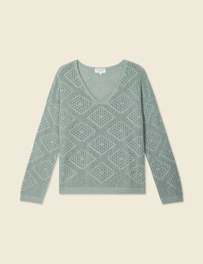 Pull manches longues ajouré vert kaki femme