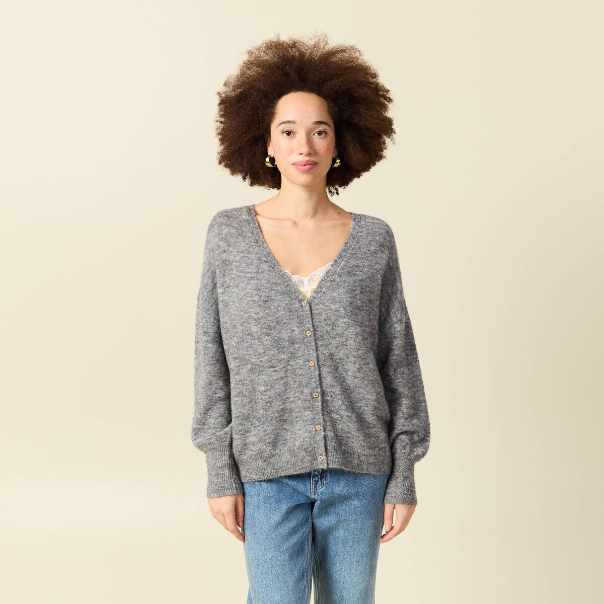 Gilet manches longues col v gris clair femme