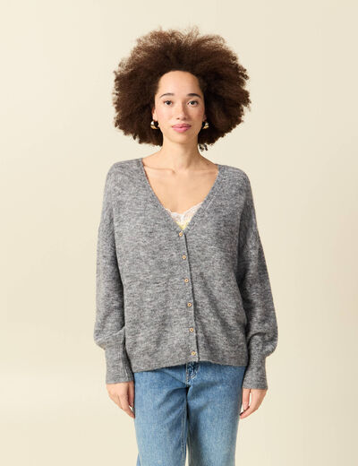 Gilet manches longues col v gris clair femme