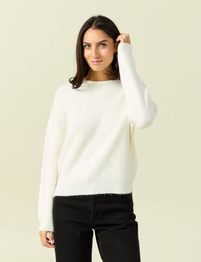 Pull col rond manches longues ecru femme