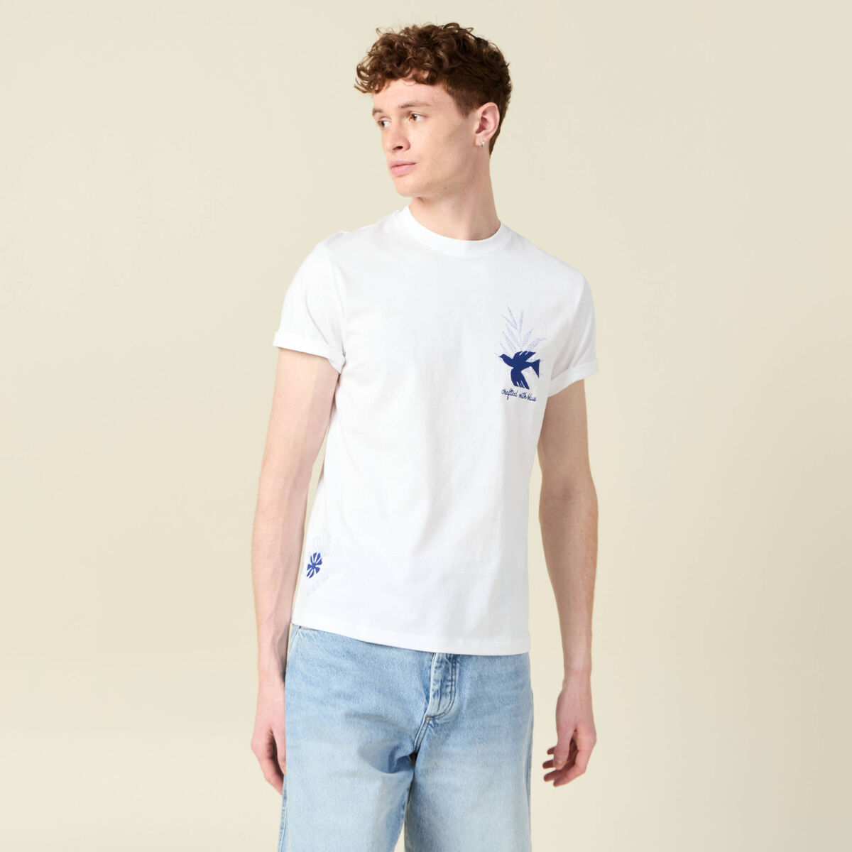 T-shirt manches courtes brodé blanc homme