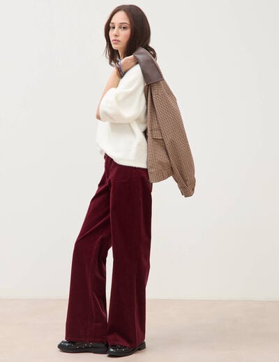 Pantalon flare taille haute en velours bordeaux femme