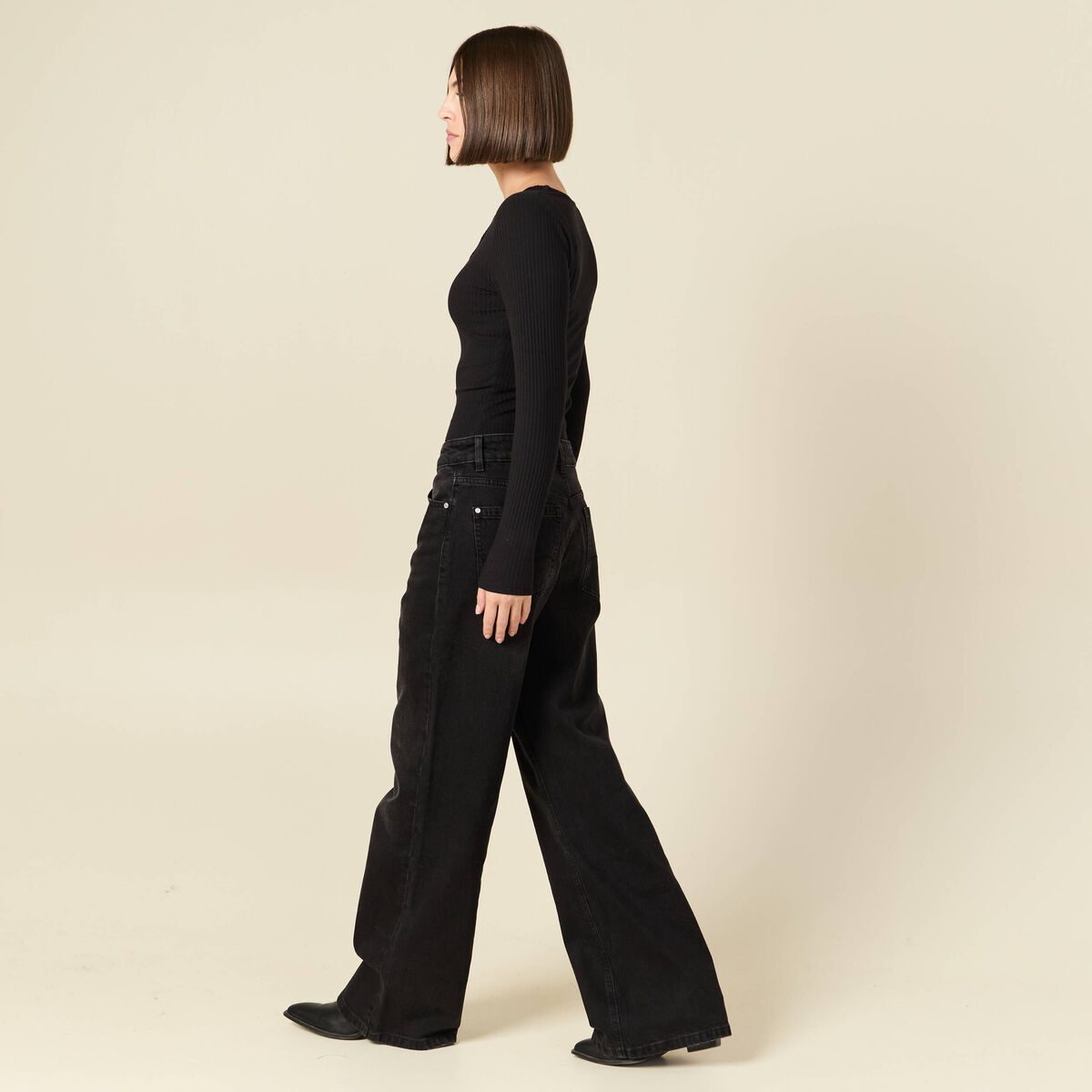 Jeans large taille haute denim noir femme