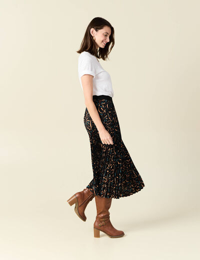 Jupe midi évasée plissée noir femme
