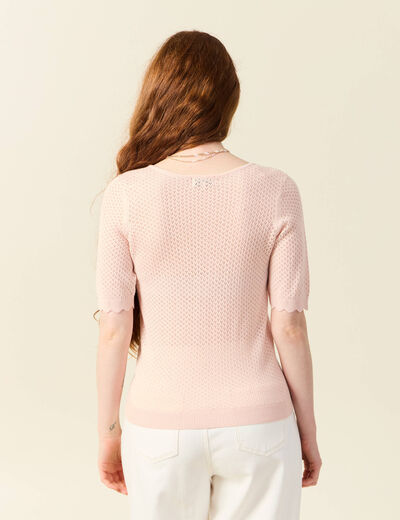 Pull manches courtes ajouré rose poudrée femme
