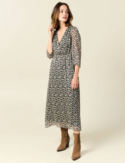Robe longue évasée manches 3/4 noir femme