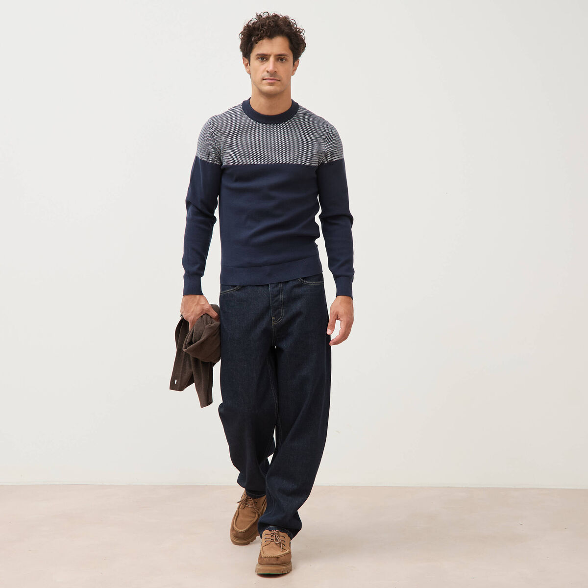 Pull droit fin col rond manches longues bleu marine homme