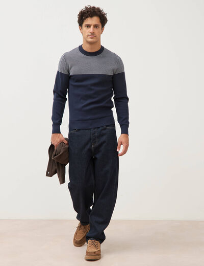 Pull droit fin col rond manches longues bleu marine homme