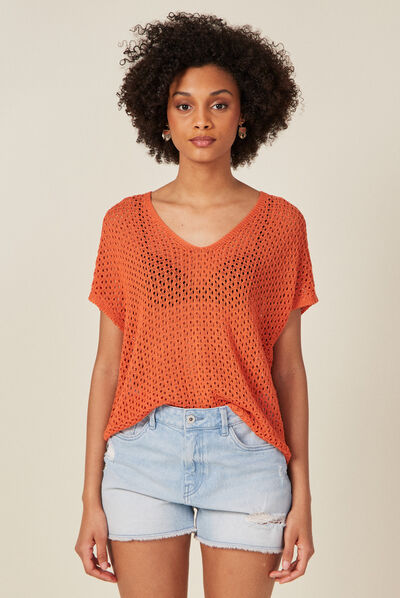 Pull ajouré éco-responsable orange foncé femme
