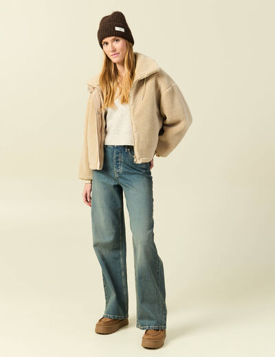Veste oversize effet polaire col montant creme femme