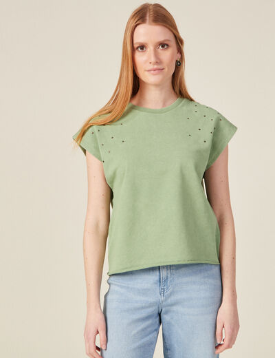 Sweat sans manches à clous vert kaki femme