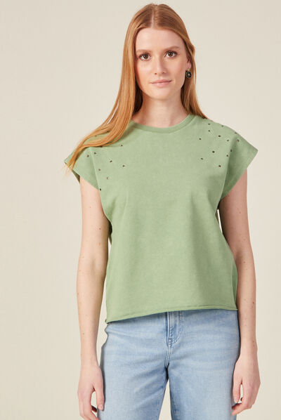 Sweat sans manches à clous vert kaki femme