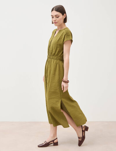 Robe fluide col v manches courtes vert kaki femme
