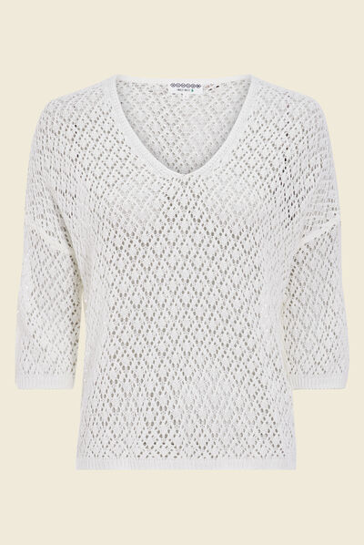 Pull manches 3/4 ajouré ecru femme
