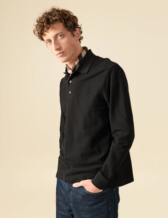 Polo manches longues en coton noir homme