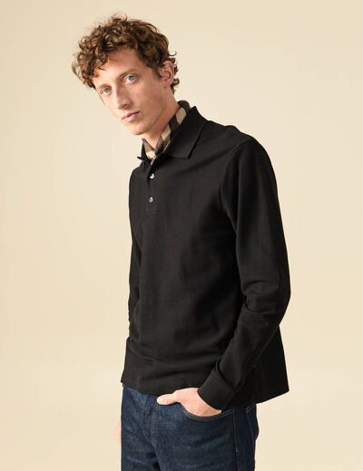 Polo manches longues en coton noir homme