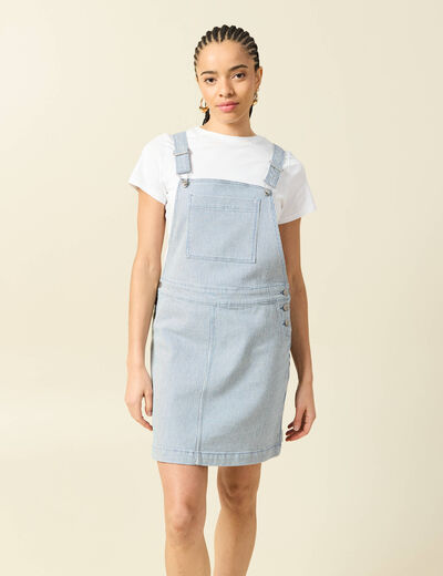 Robe en jeans &agrave; bretelles col carr&eacute; bleu marine femme