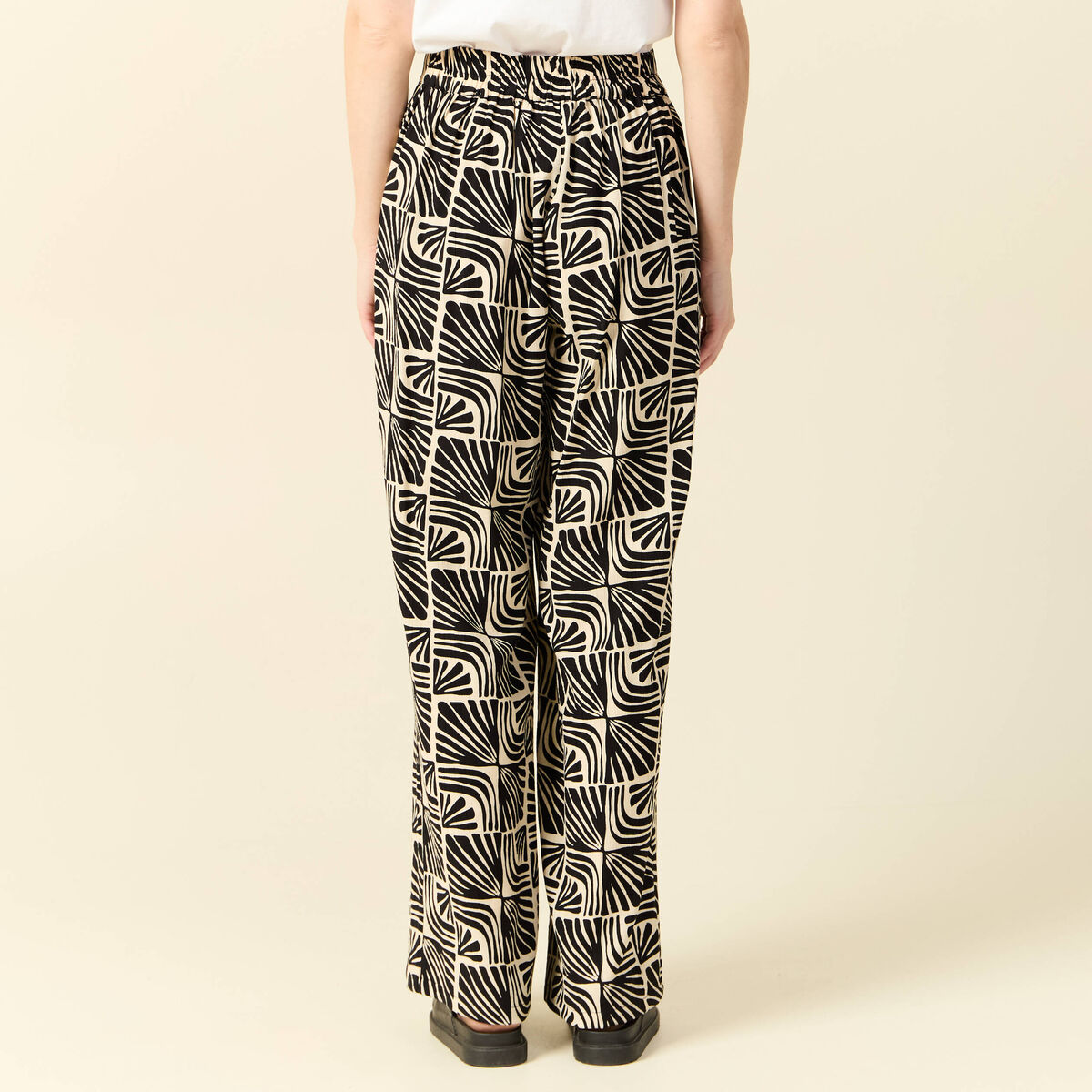 Pantalon large taille haute creme femme