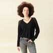 Pull ajour&eacute; col V manches longues noir femme