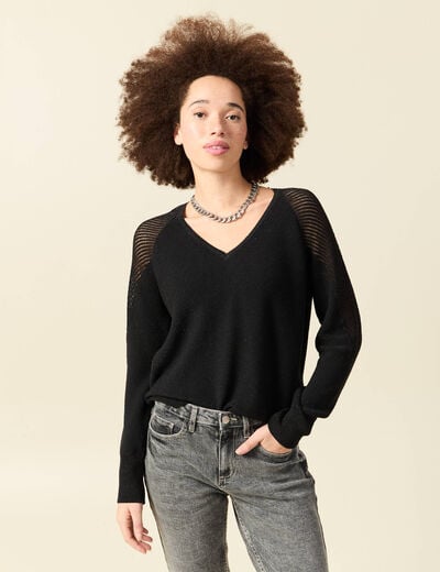 Pull ajour&eacute; col V manches longues noir femme